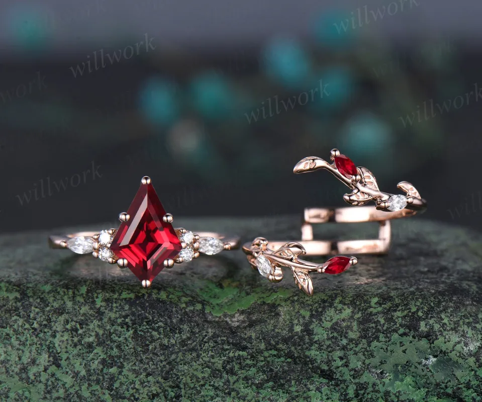 Unique kite cut red ruby engagement ring twig leaf rose gold diamond enhancer wedding anniversary ring women 6 prong gemstone gift sold by Willwork Jewelry