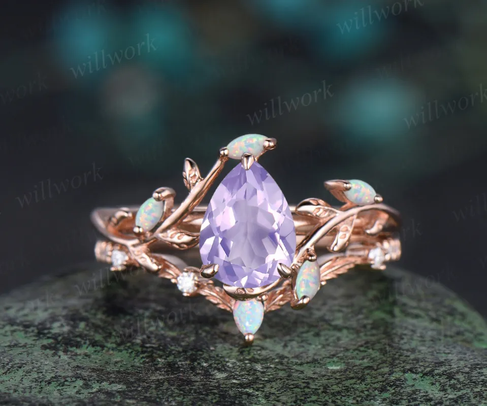 Vintage pear cut Lavender Amethyst engagement ring rose gold Crystal nature inspired leaf opal stacking bridal anniversary ring set women sold by Willwork Jewelry