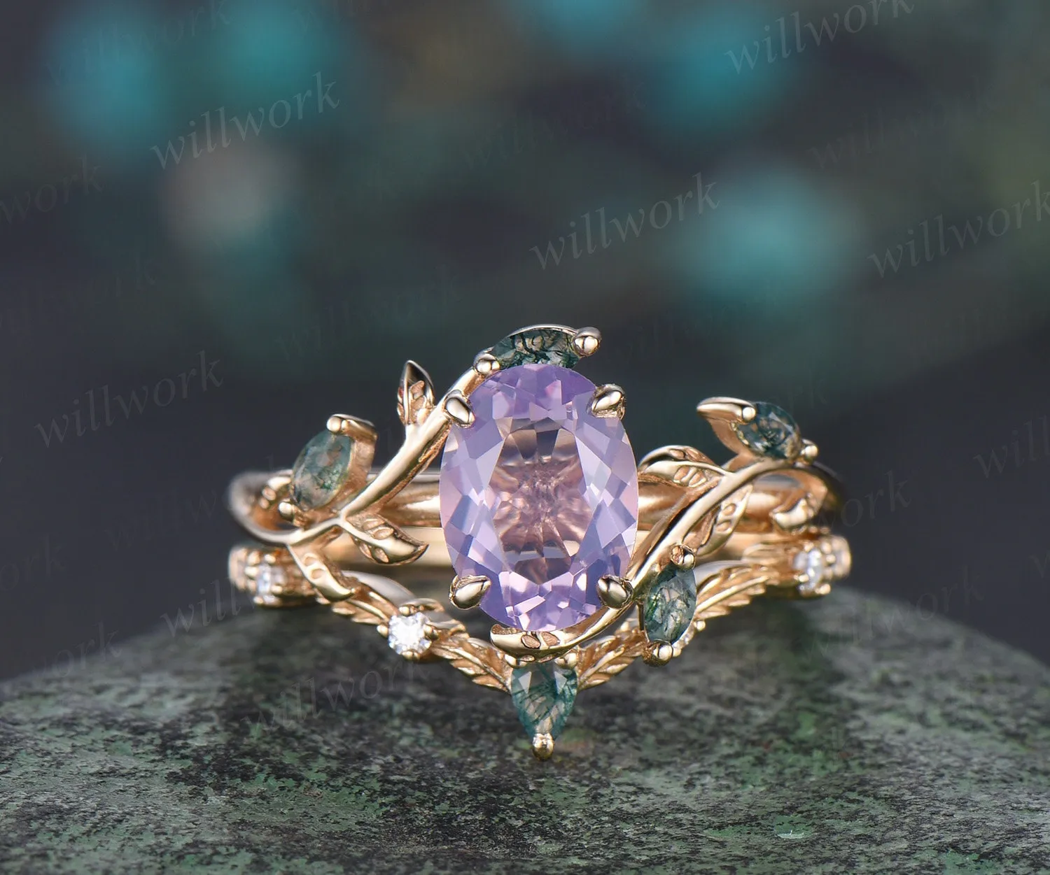 Vintage oval Lavender Amethyst engagement ring yellow gold art deco cluster leaf nature inspired moss agate bridal wedding ring set women sold by Willwork Jewelry