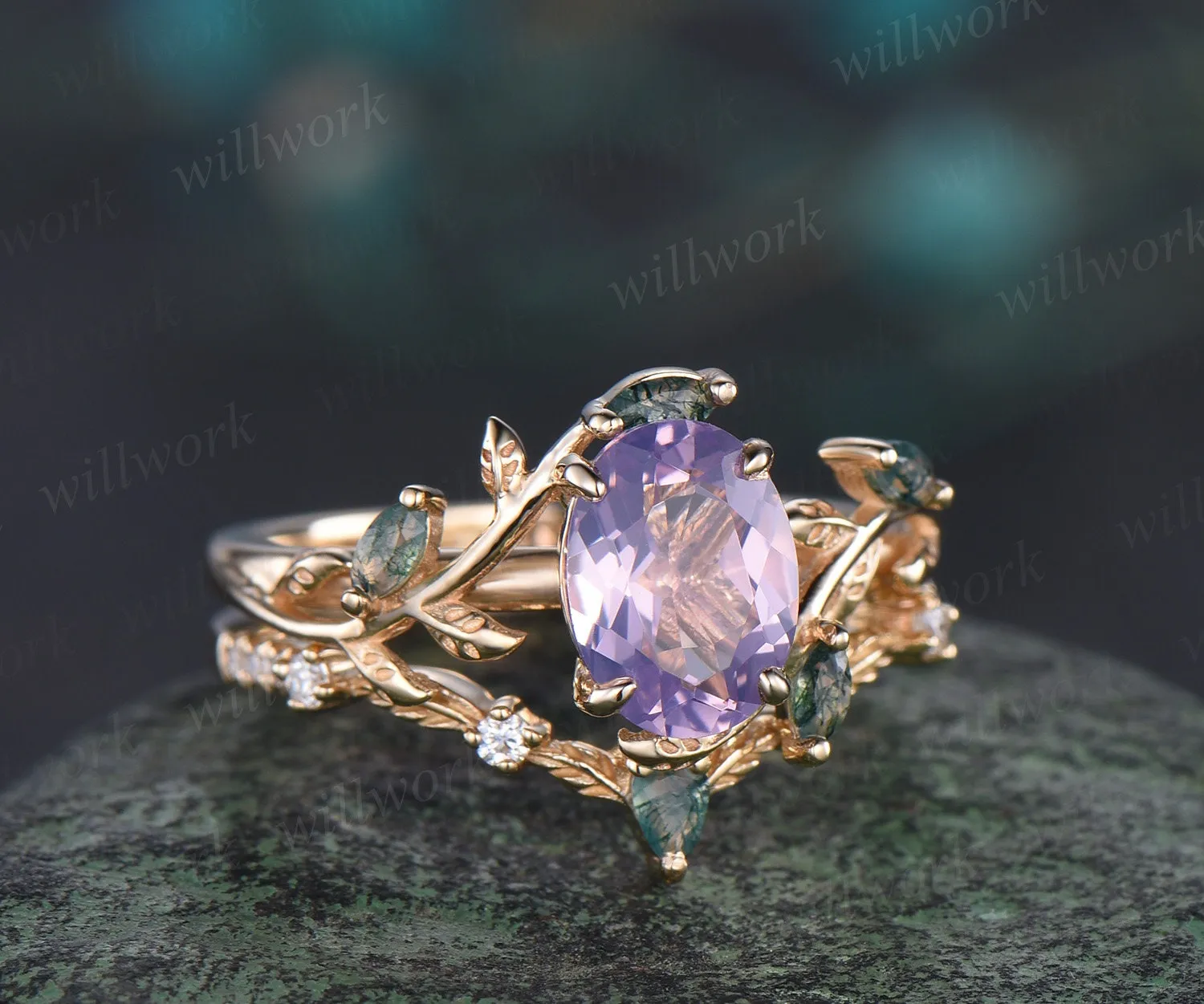 Vintage oval Lavender Amethyst engagement ring yellow gold art deco cluster leaf nature inspired moss agate bridal wedding ring set women sold by Willwork Jewelry product image thumbnail 2