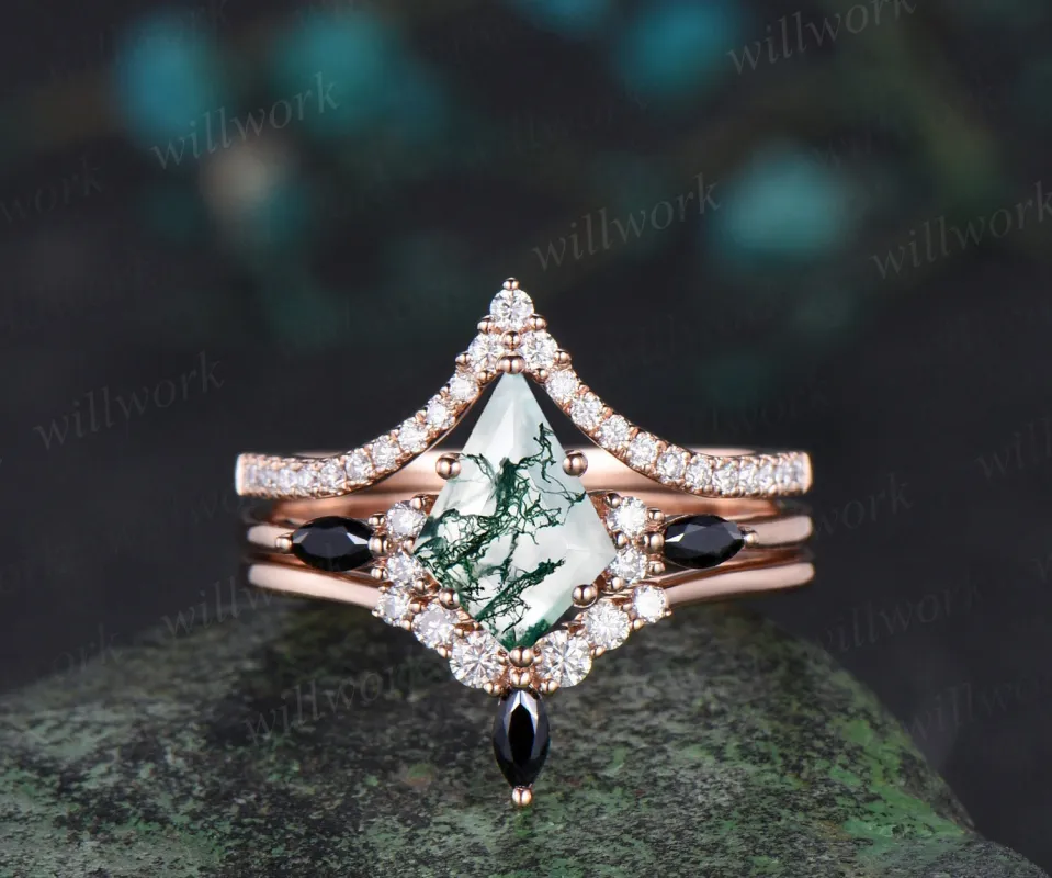 Kite cut moss agate engagement ring rose gold stacking moissanite black spinel wedding bridal ring set women sold by Willwork Jewelry