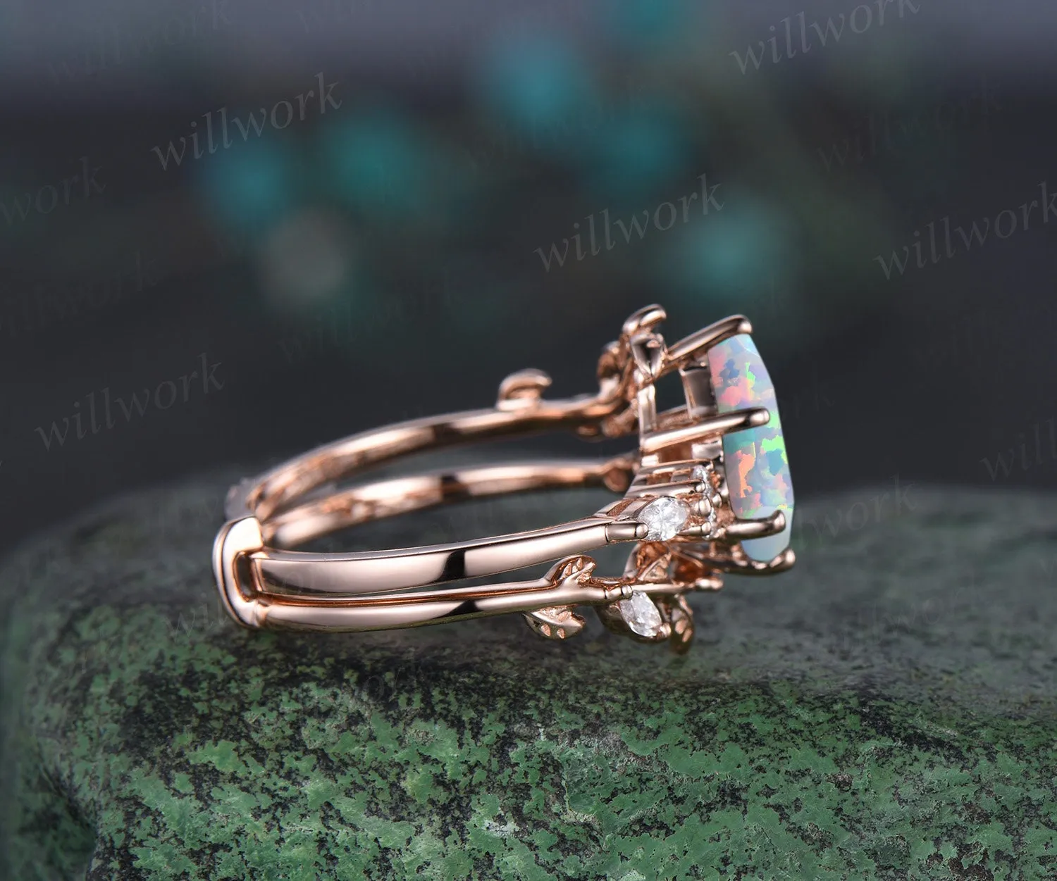 Unique kite cut white opal engagement ring twig leaf rose gold diamond amethyst wedding band enhancer anniversary ring set women gift sold by Willwork Jewelry product image thumbnail 3