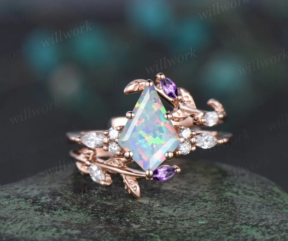 Unique kite cut white opal engagement ring twig leaf rose gold diamond amethyst wedding band enhancer anniversary ring set women gift sold by Willwork Jewelry
