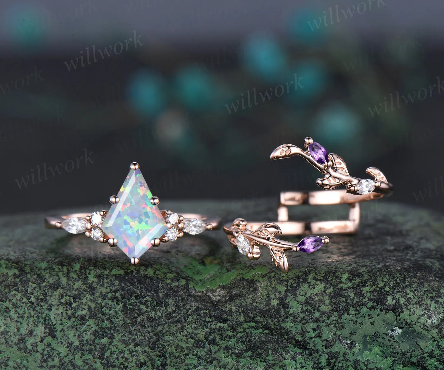 Unique kite cut white opal engagement ring twig leaf rose gold diamond amethyst wedding band enhancer anniversary ring set women gift sold by Willwork Jewelry product image thumbnail 2