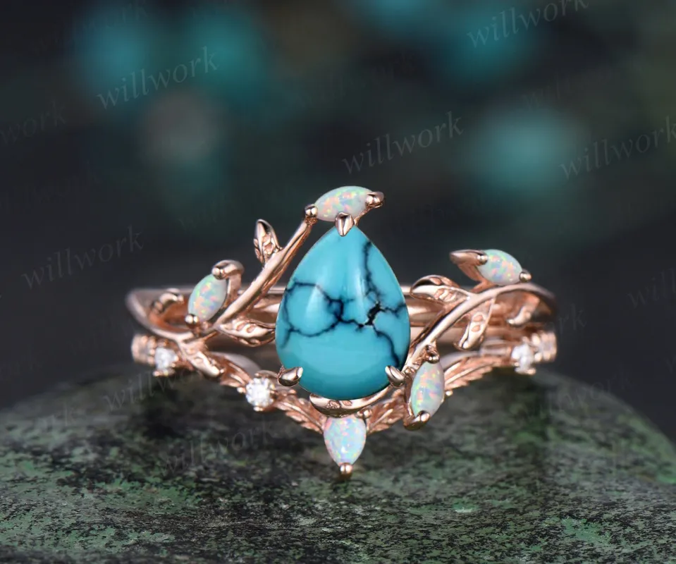 Vintage pear Turquoise engagement ring rose gold nature inspired leaf opal stacking bridal anniversary ring set women made by Willwork Jewelry