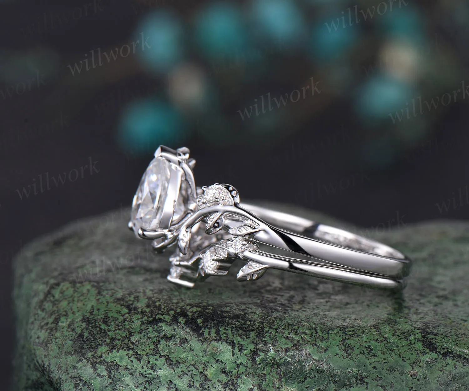 Vintage pear shaped IGI Lab grown diamond engagement ring set white gold leaf nature inspired promise wedding ring set women sold by Willwork Jewelry product image thumbnail 4