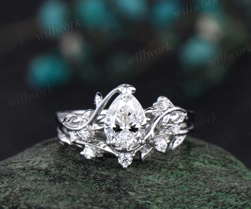 Vintage pear shaped IGI Lab grown diamond engagement ring set white gold leaf nature inspired promise wedding ring set women sold by Willwork Jewelry