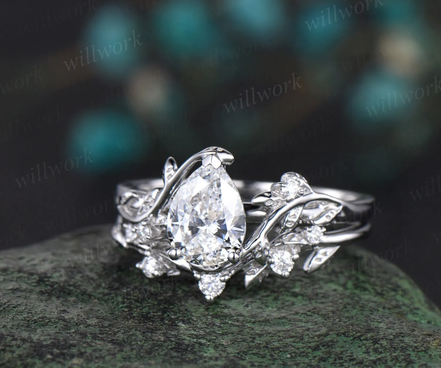 Vintage pear shaped IGI Lab grown diamond engagement ring set white gold leaf nature inspired promise wedding ring set women sold by Willwork Jewelry product image thumbnail 5