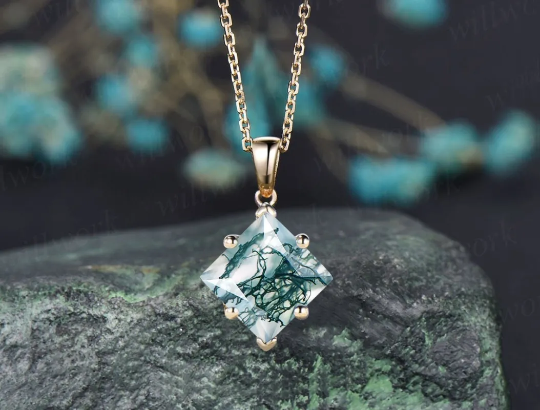 Princess cut moss agate necklace solid 14k yellow gold vintage unique Personalized pendant women her gemstone anniversary bridal gift mother sold by Willwork Jewelry