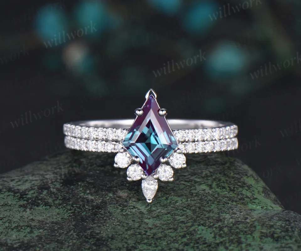 Kite cut alexandrite engagement ring white gold half eternity diamond wedding bridal ring set women jewelry sold by Willwork Jewelry