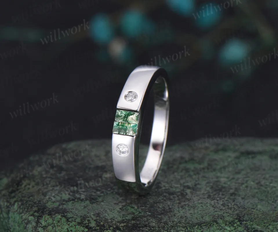 Baguette cut moss agate wedding band men four stone diamond mens wedding ring band unique engagement anniversary gift sold by Willwork Jewelry