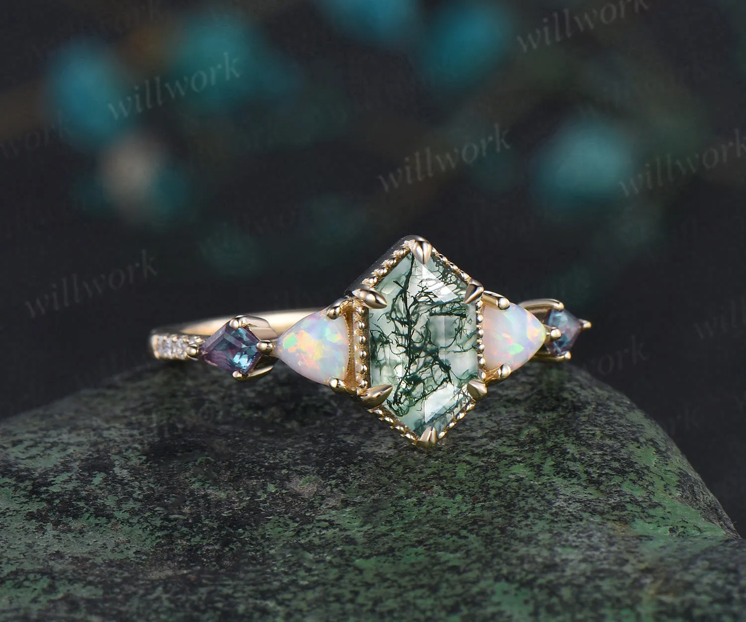 Vintage long Hexagon moss agate engagement ring yellow gold Trillion opal kite alexandrite ring wedding anniversary ring women sold by Willwork Jewelry product image thumbnail 2