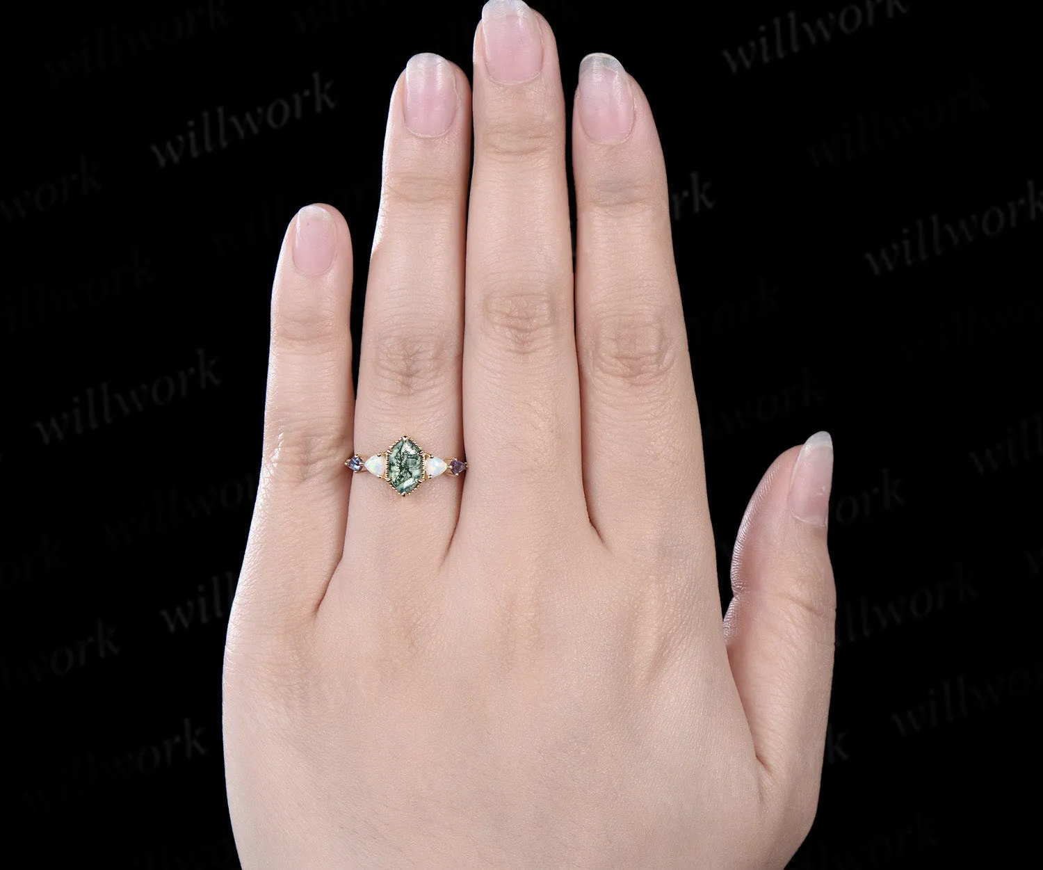 Vintage long Hexagon moss agate engagement ring yellow gold Trillion opal kite alexandrite ring wedding anniversary ring women sold by Willwork Jewelry product image thumbnail 3