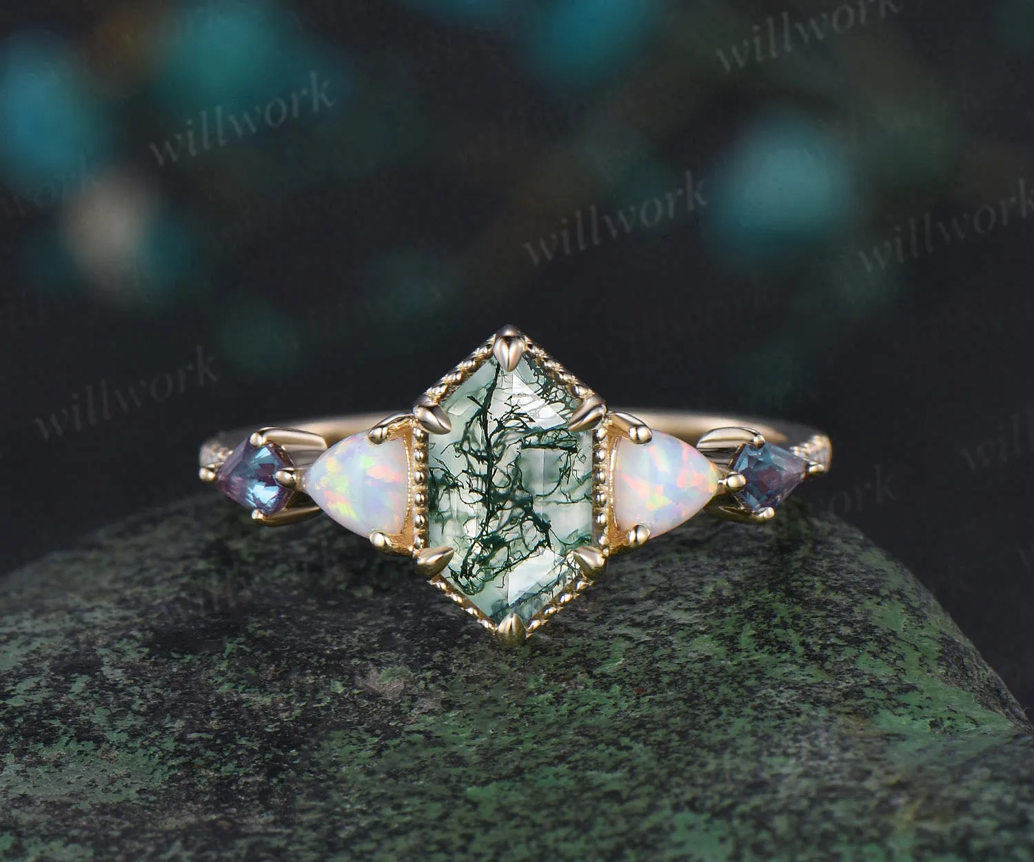 Vintage long Hexagon moss agate engagement ring yellow gold Trillion opal kite alexandrite ring wedding anniversary ring women sold by Willwork Jewelry