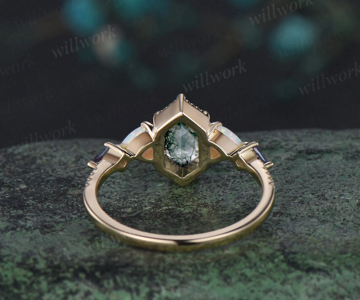 Vintage long Hexagon moss agate engagement ring yellow gold Trillion opal kite alexandrite ring wedding anniversary ring women sold by Willwork Jewelry product image thumbnail 4