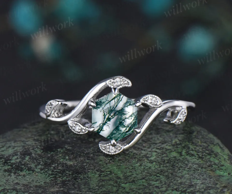 Hexagon moss agate ring vintage white gold leaf white gold nature inspired engagement ring Milgrain diamond wedding anniversary ring women sold by Willwork Jewelry