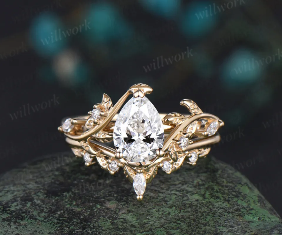 Vintage pear IGI Lab grown diamond engagement ring solid 14k yellow gold leaf branch five stone nature inspired promise bridal ring set women sold by Willwork Jewelry