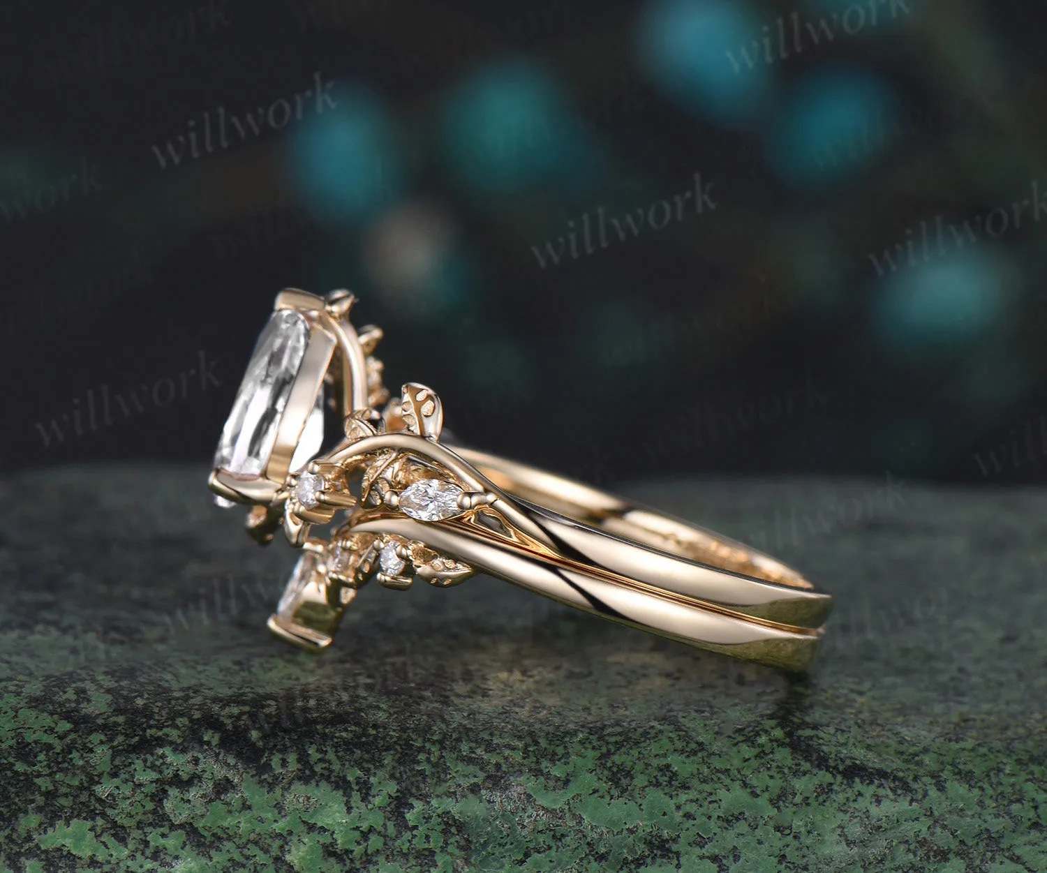 Vintage pear IGI Lab grown diamond engagement ring solid 14k yellow gold leaf branch five stone nature inspired promise bridal ring set women sold by Willwork Jewelry product image thumbnail 5