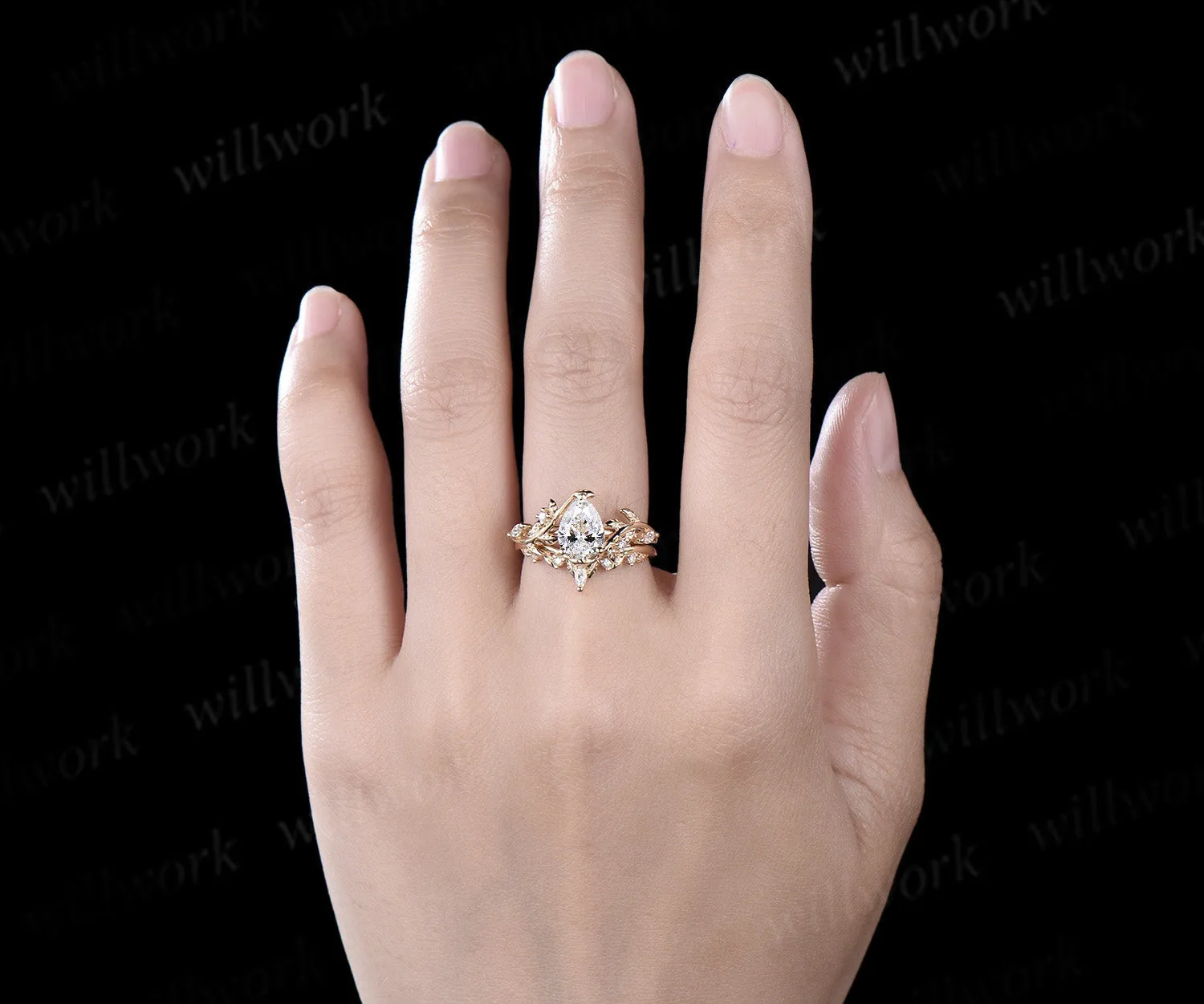 Vintage pear IGI Lab grown diamond engagement ring solid 14k yellow gold leaf branch five stone nature inspired promise bridal ring set women sold by Willwork Jewelry product image thumbnail 2