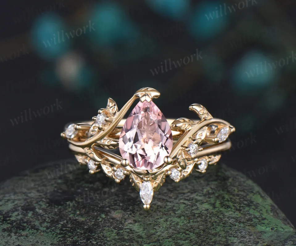Pear shaped pink morganite engagement ring set solid 14k yellow gold leaf branch nature inspired promise bridal ring women jewelry sold by Willwork Jewelry