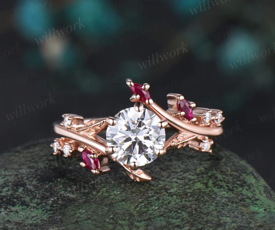 Vintage 1ct round cut IGI Lab grown diamond engagement ring solid 14k rose gold twisted leaf ruby diamond promise wedding ring women jewelry sold by Willwork Jewelry