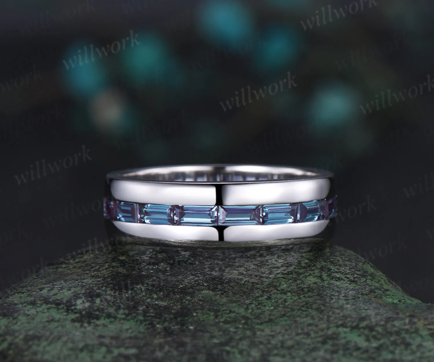 Baguette cut alexandrite wedding band men half eternity mens wedding ring band June birthstone ring anniversary gift sold by Willwork Jewelry product image thumbnail 3