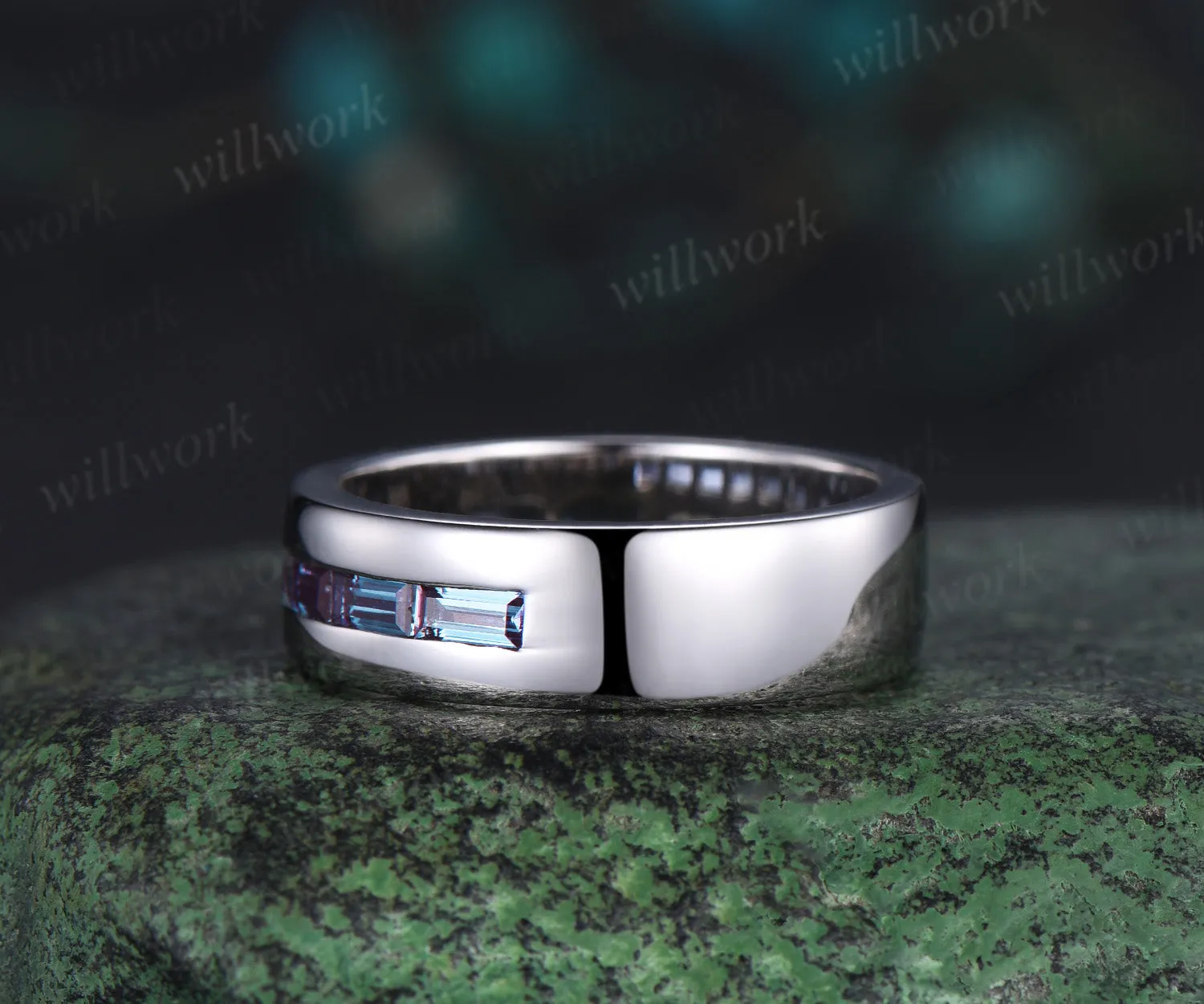 Baguette cut alexandrite wedding band men half eternity mens wedding ring band June birthstone ring anniversary gift sold by Willwork Jewelry product image thumbnail 5