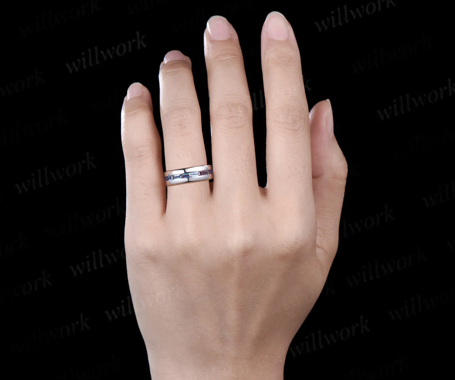 Baguette cut alexandrite wedding band men half eternity mens wedding ring band June birthstone ring anniversary gift sold by Willwork Jewelry product image thumbnail 2