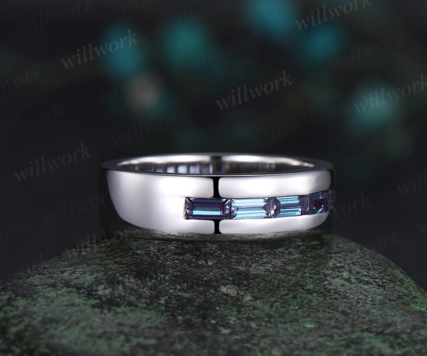 Baguette cut alexandrite wedding band men half eternity mens wedding ring band June birthstone ring anniversary gift sold by Willwork Jewelry product image thumbnail 4
