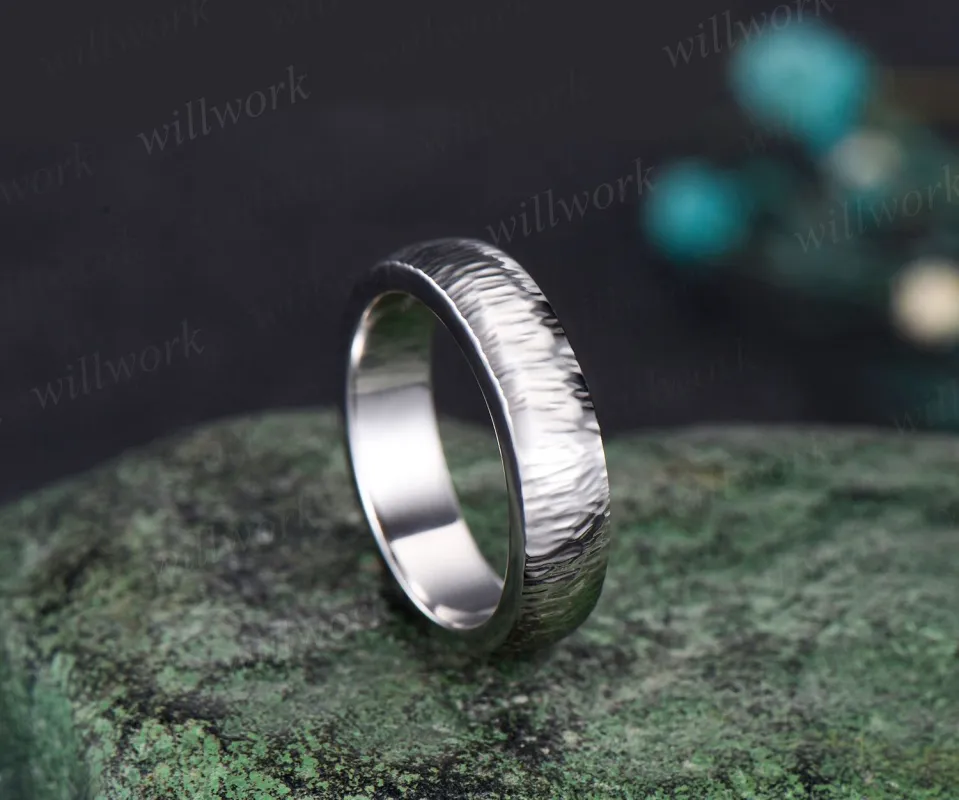 Unique Mens Plain Wedding Band 5mm Solid Gold Ring Mens Hammered Stacking Matching Band Retro Vintage Ring Gift sold by Willwork Jewelry