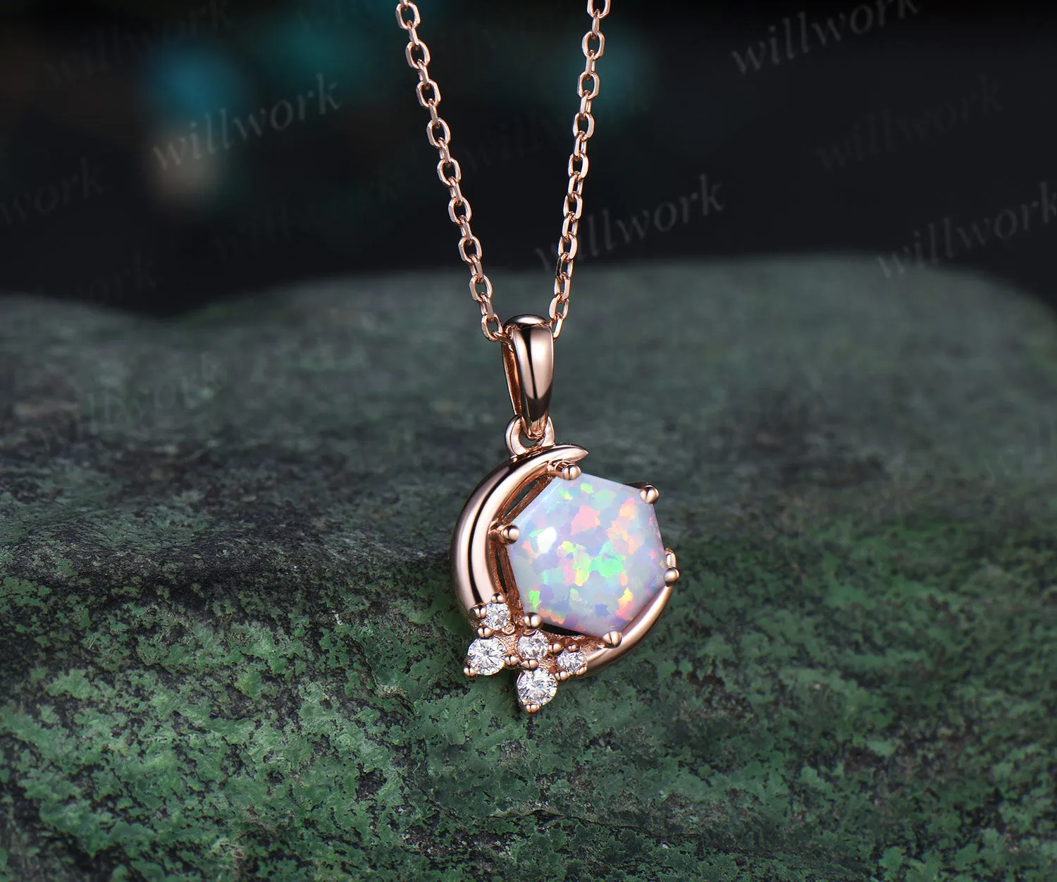 Hexagon white opal necklace solid 14k rose gold 6 prong cluster diamond pendant women anniversary gift sold by Willwork Jewelry product image thumbnail 3