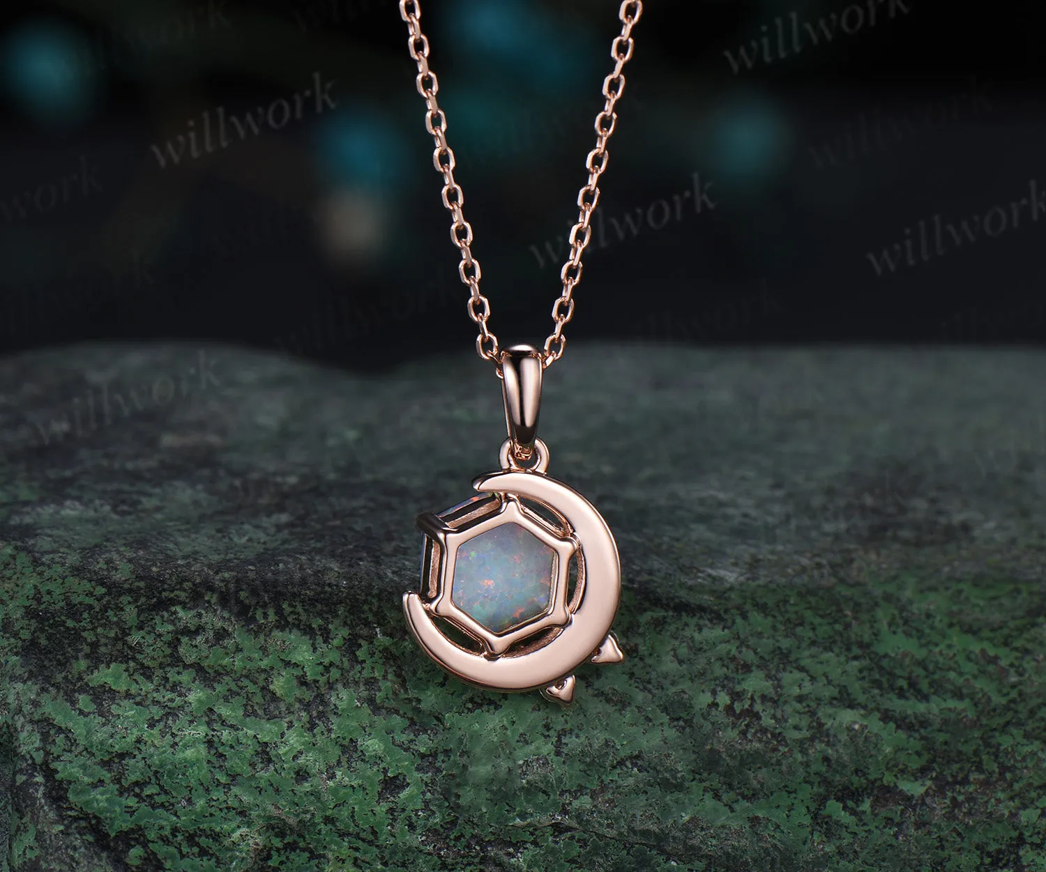 Hexagon white opal necklace solid 14k rose gold 6 prong cluster diamond pendant women anniversary gift sold by Willwork Jewelry product image thumbnail 4
