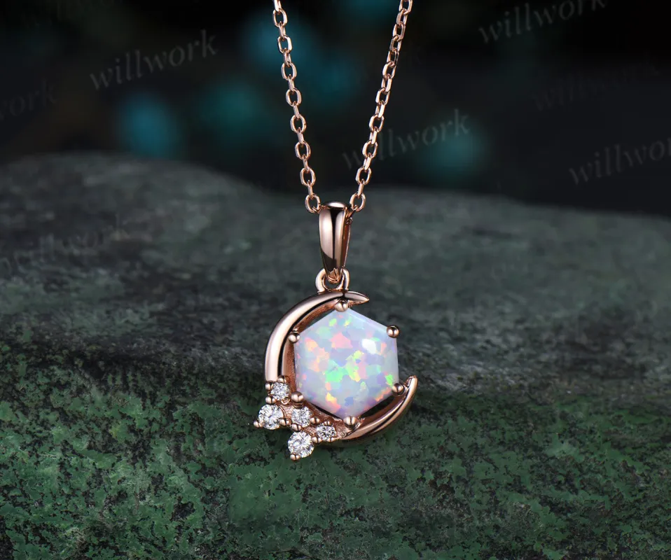Hexagon white opal necklace solid 14k rose gold 6 prong cluster diamond pendant women anniversary gift sold by Willwork Jewelry