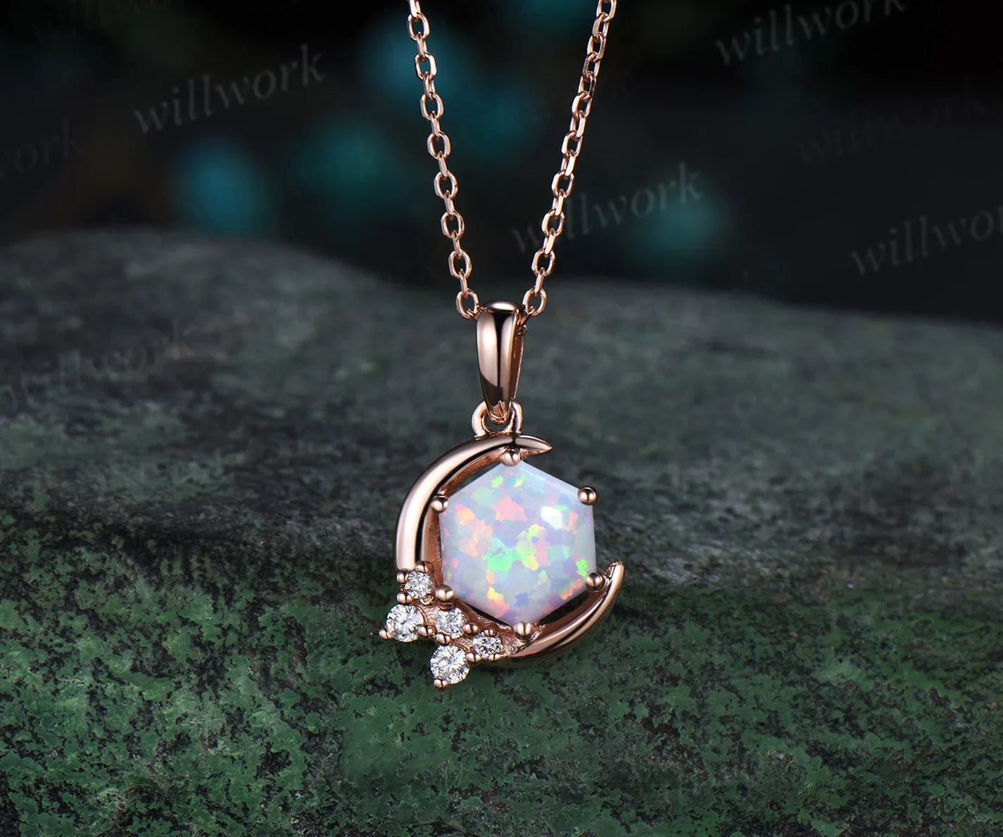 Hexagon white opal necklace solid 14k rose gold 6 prong cluster diamond pendant women anniversary gift sold by Willwork Jewelry