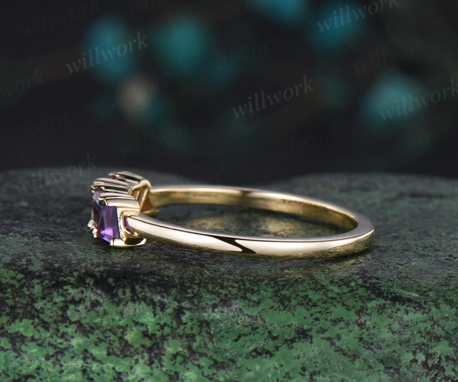 Trilliant cut garnet alexandrite amethyst ring solid 14k yellow gold five stone birthday gift Multi-Stone Rings anniversary ring women gift sold by Willwork Jewelry product image thumbnail 5