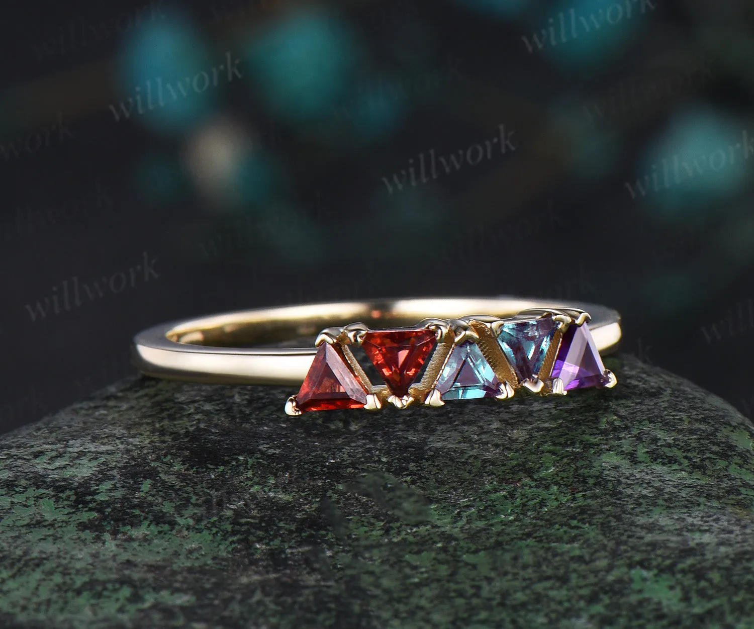 Trilliant cut garnet alexandrite amethyst ring solid 14k yellow gold five stone birthday gift Multi-Stone Rings anniversary ring women gift sold by Willwork Jewelry product image thumbnail 4