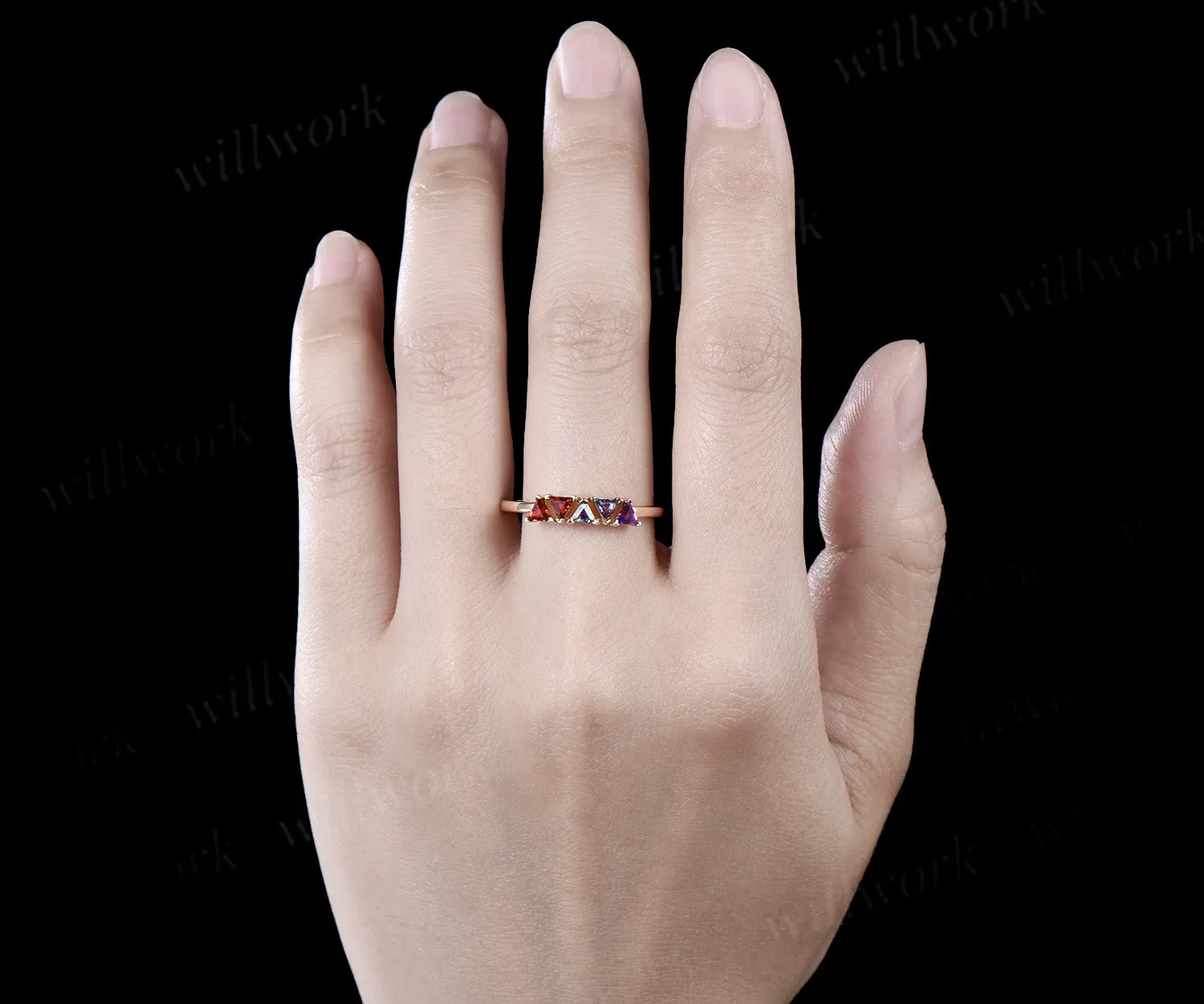Trilliant cut garnet alexandrite amethyst ring solid 14k yellow gold five stone birthday gift Multi-Stone Rings anniversary ring women gift sold by Willwork Jewelry product image thumbnail 2