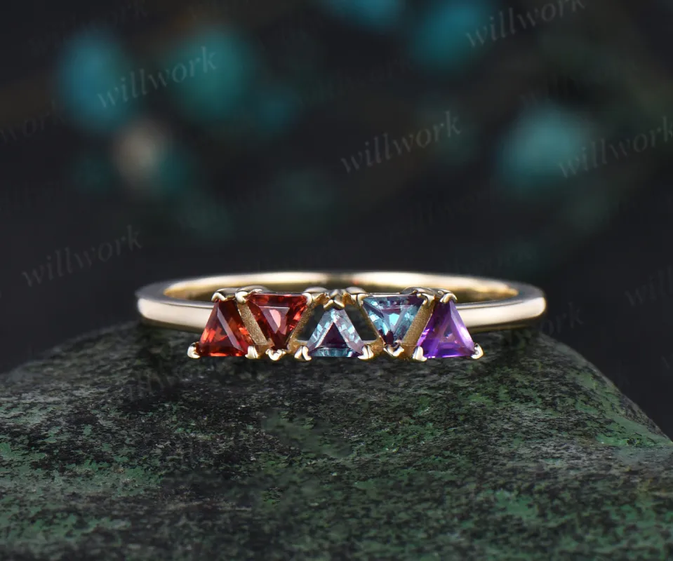 Trilliant cut garnet alexandrite amethyst ring solid 14k yellow gold five stone birthday gift Multi-Stone Rings anniversary ring women gift made by Willwork Jewelry