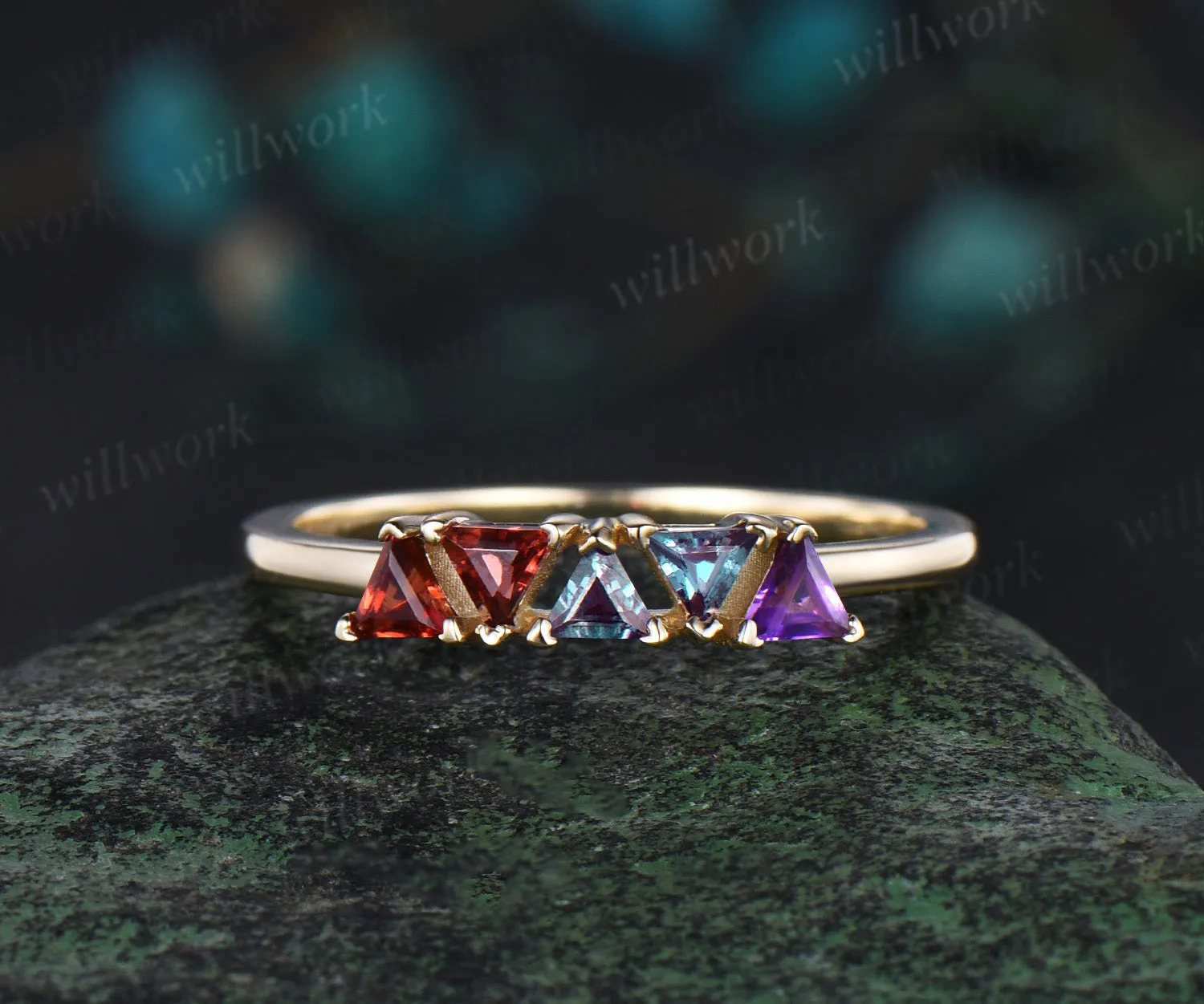 Trilliant cut garnet alexandrite amethyst ring solid 14k yellow gold five stone birthday gift Multi-Stone Rings anniversary ring women gift sold by Willwork Jewelry