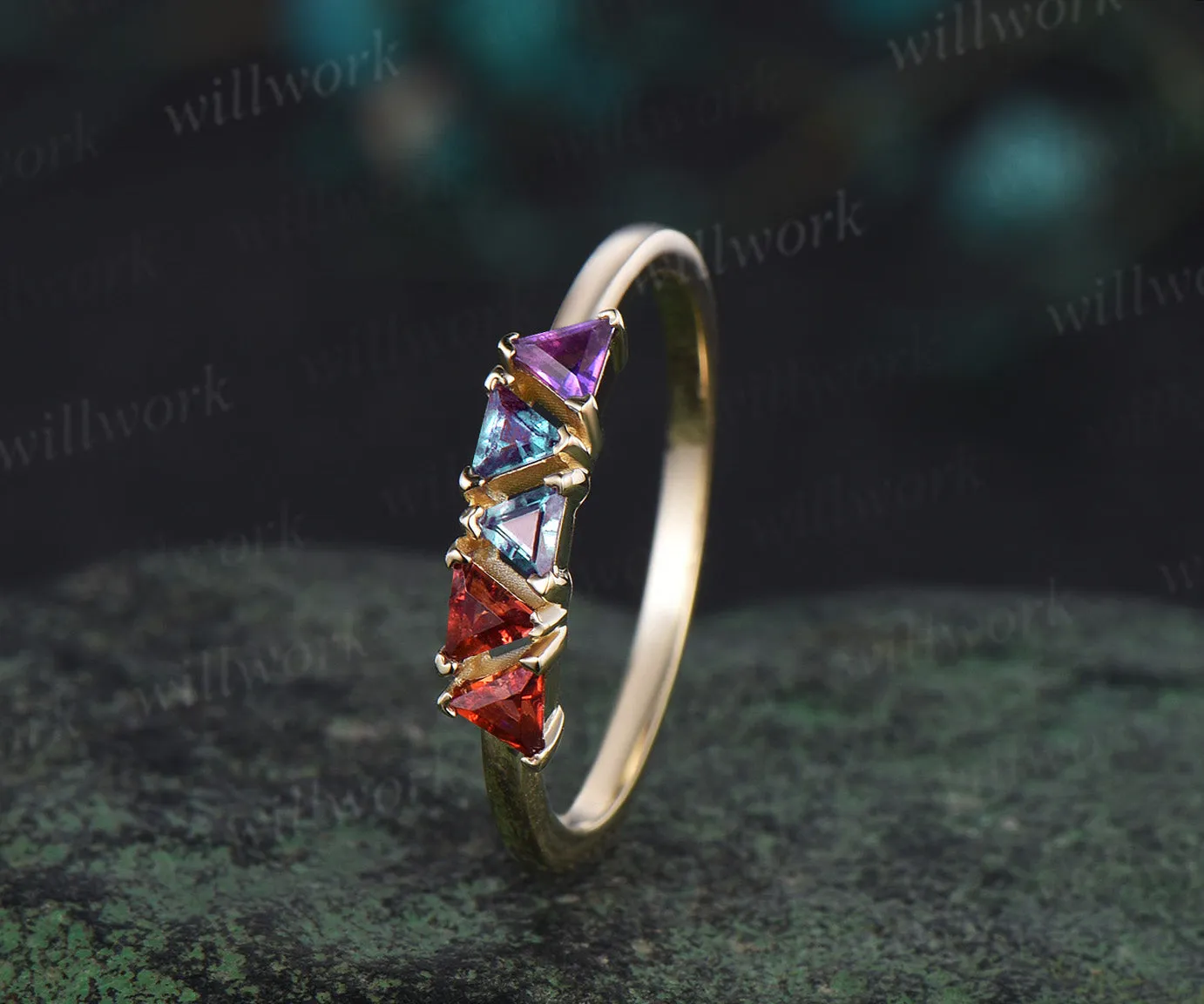 Trilliant cut garnet alexandrite amethyst ring solid 14k yellow gold five stone birthday gift Multi-Stone Rings anniversary ring women gift sold by Willwork Jewelry product image thumbnail 3