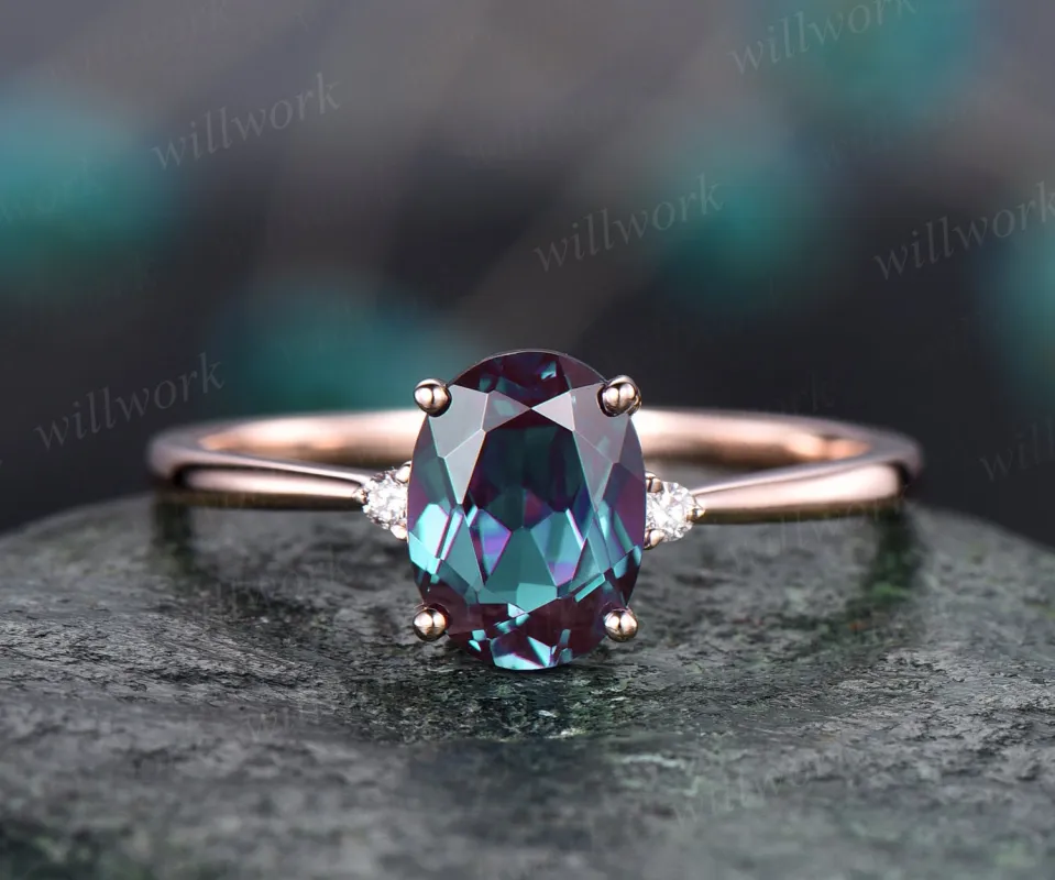 Oval cut Alexandrite engagement ring rose gold three stone engagement ring real diamond ring Alexandrite ring gold vintage gift for her sold by Willwork Jewelry