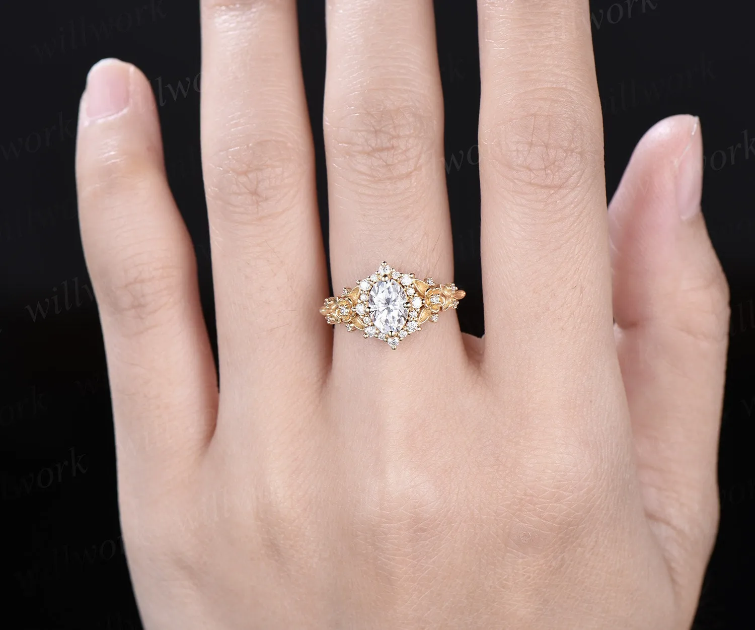 Vintage oval cut IGI Lab grown diamond engagement ring solid 14k yellow gold snowdrift halo diamond unique promise wedding ring women jewelry sold by Willwork Jewelry product image thumbnail 2