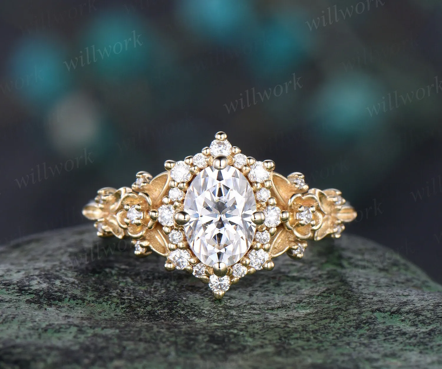 Vintage oval cut IGI Lab grown diamond engagement ring solid 14k yellow gold snowdrift halo diamond unique promise wedding ring women jewelry sold by Willwork Jewelry