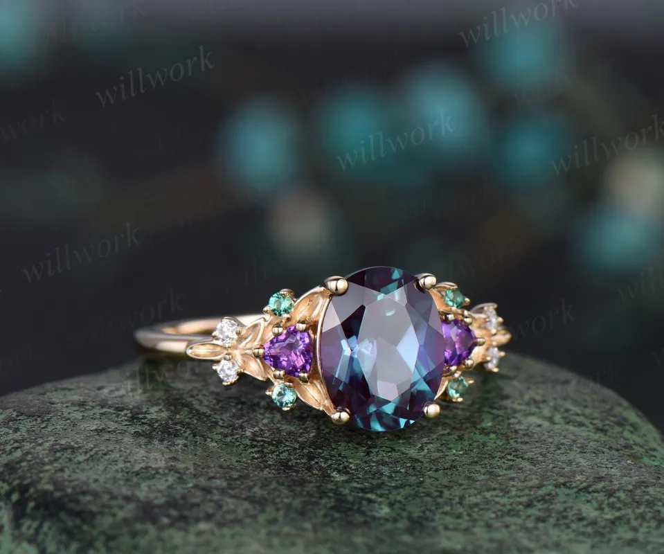 Oval cut Alexandrite engagement ring solid 14k yellow gold vintage leaf cluster emerald Trilliant amethyst anniversary ring women sold by Willwork Jewelry