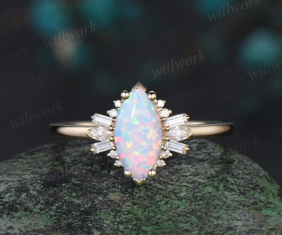 Marquise white opal engagement ring solid 14k yellow gold cluster Baguette cut moissanite wedding anniversary ring women gift sold by Willwork Jewelry