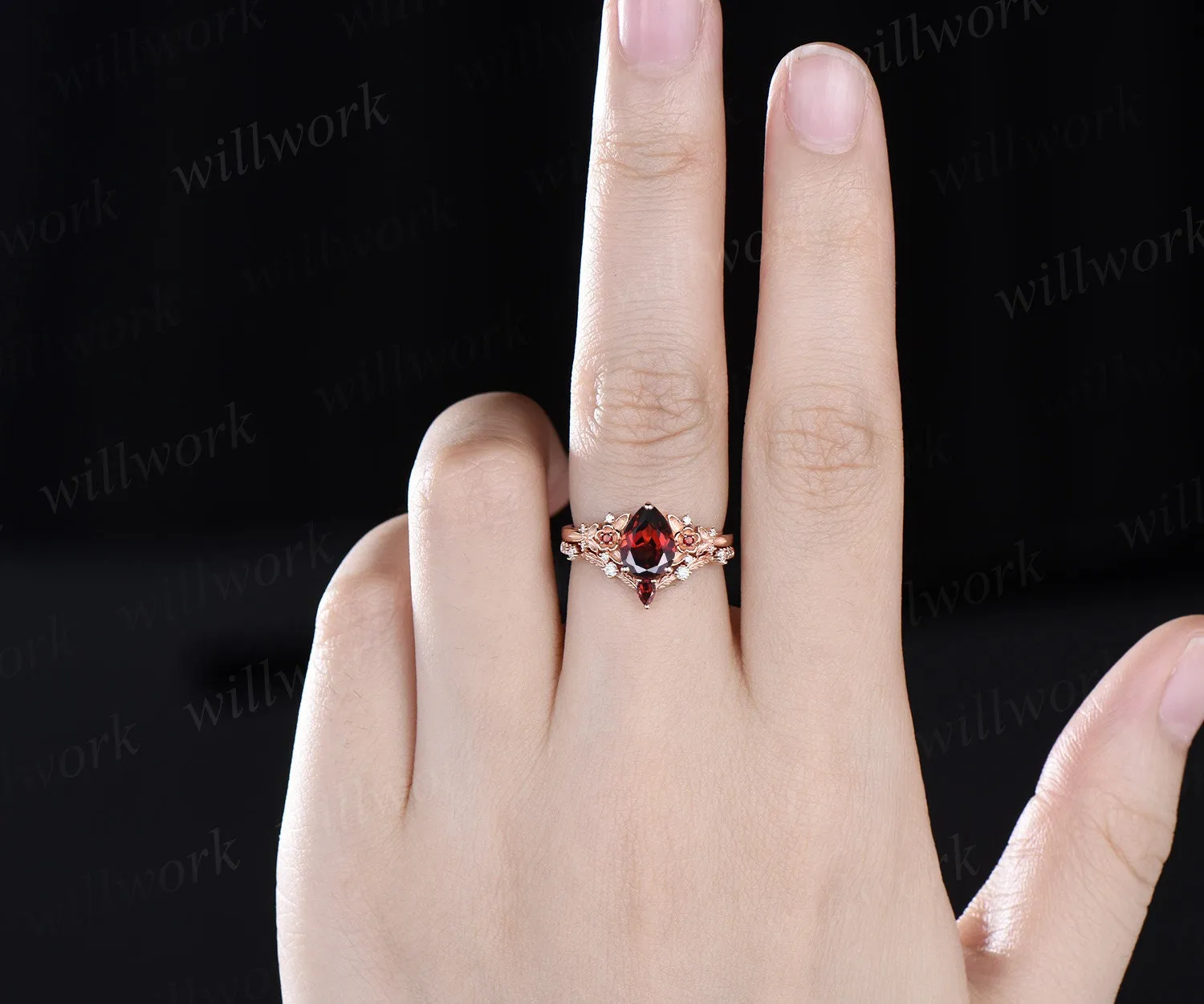 Vintage pear cut red garnet engagement ring solid 14k yellow gold twig leaf floral unique cluster diamond bridal wedding ring set women sold by Willwork Jewelry product image thumbnail 5