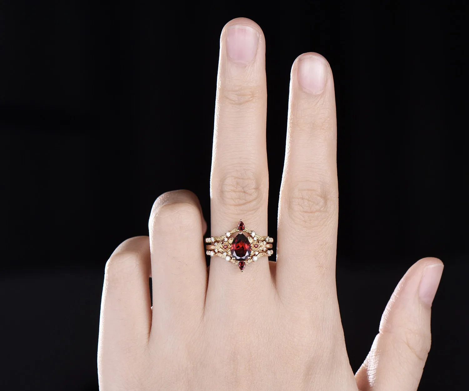 Vintage pear cut red garnet engagement ring solid 14k yellow gold twig leaf floral unique cluster diamond bridal wedding ring set women sold by Willwork Jewelry product image thumbnail 2