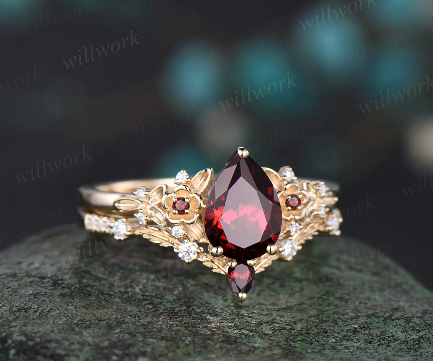 Vintage pear cut red garnet engagement ring solid 14k yellow gold twig leaf floral unique cluster diamond bridal wedding ring set women sold by Willwork Jewelry product image thumbnail 3