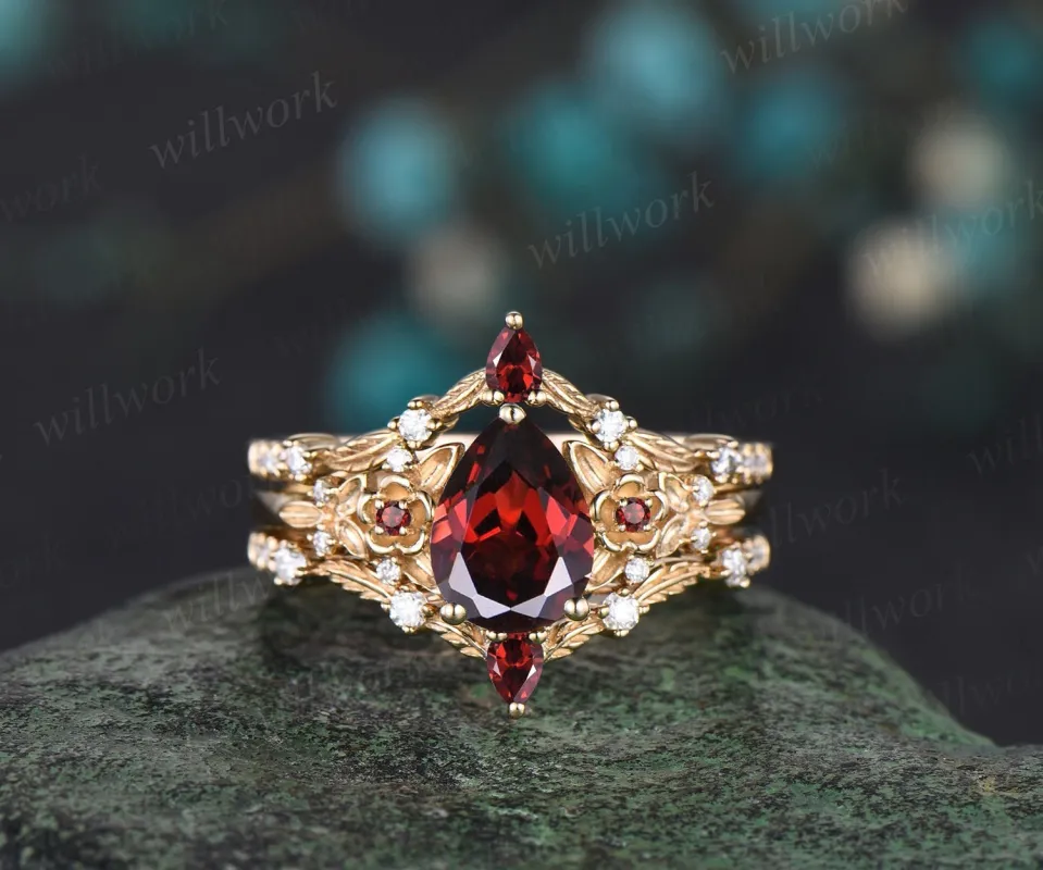 Vintage pear cut red garnet engagement ring solid 14k yellow gold twig leaf floral unique cluster diamond bridal wedding ring set women sold by Willwork Jewelry