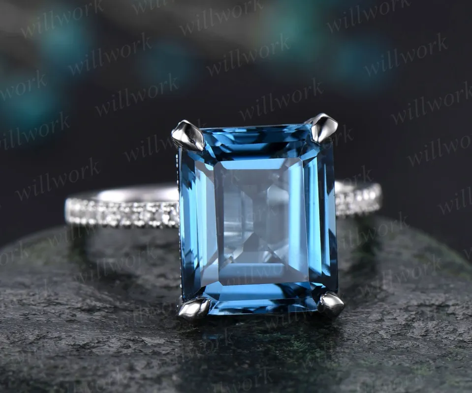 10x12mm London blue topaz engagement ring 14k white gold topaz ring under diamond halo basket infinity ring antique wedding promise ring made by Willwork Jewelry